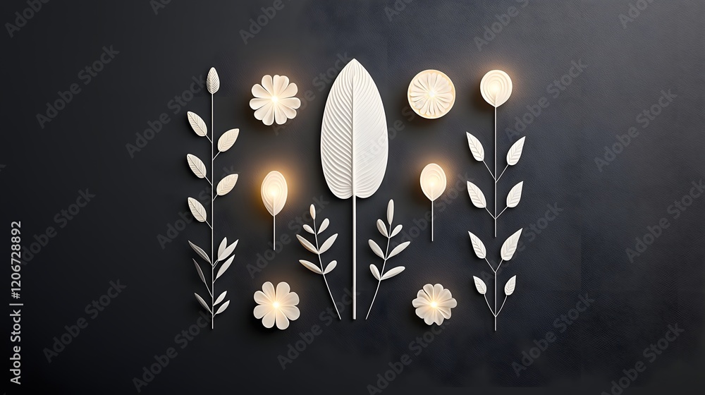 Aufkleber Glowing botanical elements arranged in a symmetrical modern and design on a dark background creating a serene and elegant visual composition