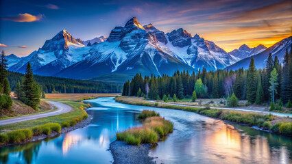 Fototapeta premium Breathtaking mountain landscape at blue hour with river and forest
