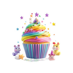 Magical Rainbow Cupcake with Adorable Cartoon Animals