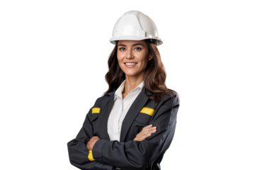 Smiling female construction worker wearing helmet, arms crossed