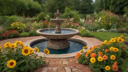 A serene garden with a stone fountain surrounded by colorful flowers and green trees