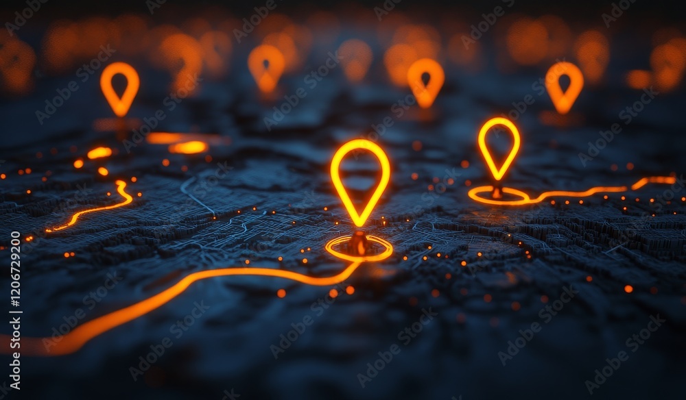 Poster Glowing map markers on dark terrain, showing locations and routes.