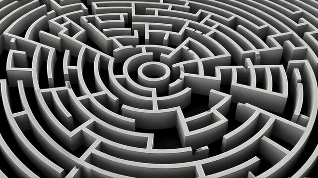 Camera flying on a 3d white maze, challenge and doubt concept, creative abstract success, marketing, strategy and motivation business background, 4k looping animation