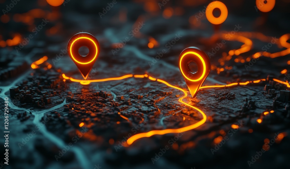 Aufkleber glowing map markers showing route on dark terrain.