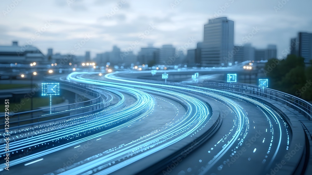 Poster Illuminated virtual cityscape with glowing data lines flowing dynamically showcasing the modern connectivity and advanced technology of a futuristic metropolitan area