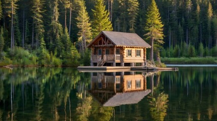 Fototapeta premium Secluded log cabin reflects in the calm water surrounded by a dense forest landscape