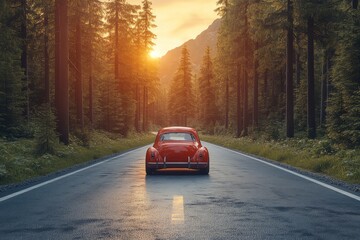 Obraz premium A red car on a scenic road surrounded by tall trees during sunset.