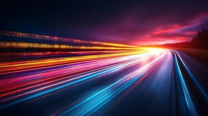 Vibrant Light Trails on a Highway at Sunset
