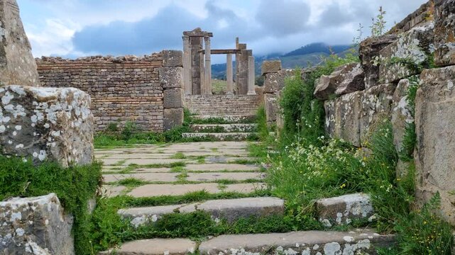 A revealing shot of an ancient stairway path surrounded by old Roman walls and columns at the heart of the historical site of Djemila Algeria on a slightly cloudy spring day