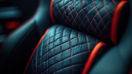 Close up view of a car seat featuring red stitching on the fabric upholstery