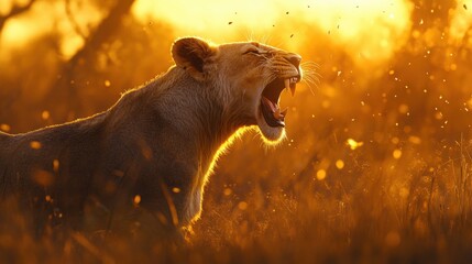 Lion roaring in bright sunlight with a clear blue sky in the background showcasing its powerful presence