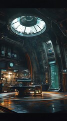 Fototapeta premium A futuristic laboratory with advanced technology and a central globe.