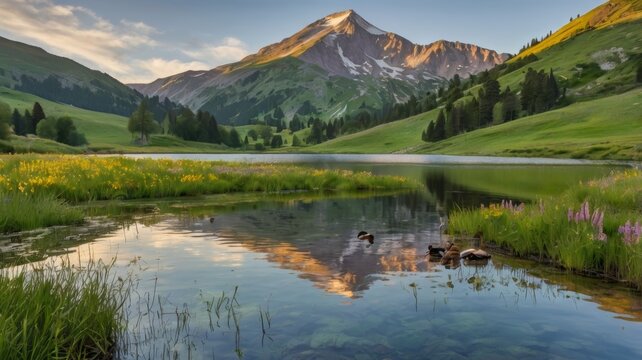Majestic mountain peak reflecting in a clear lake with ducks in a serene landscape