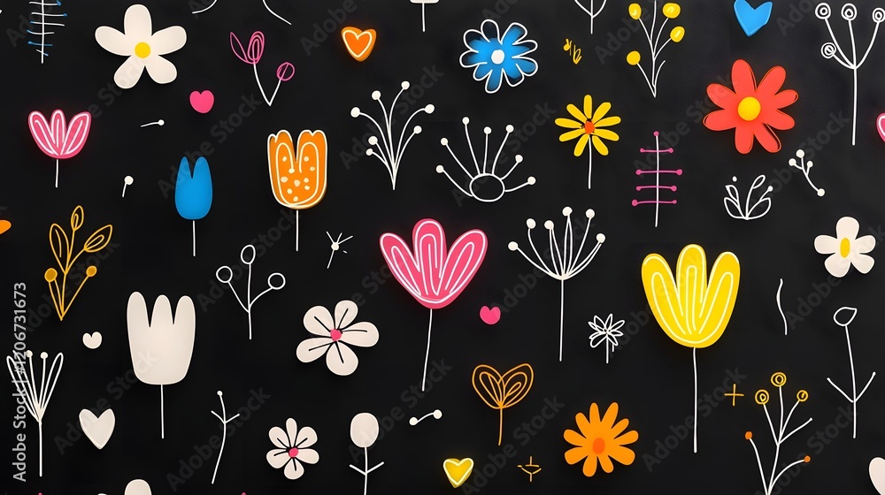 Poster mesmerizing floral patterns with vibrant neon glow effects seamlessly combined on a striking black b