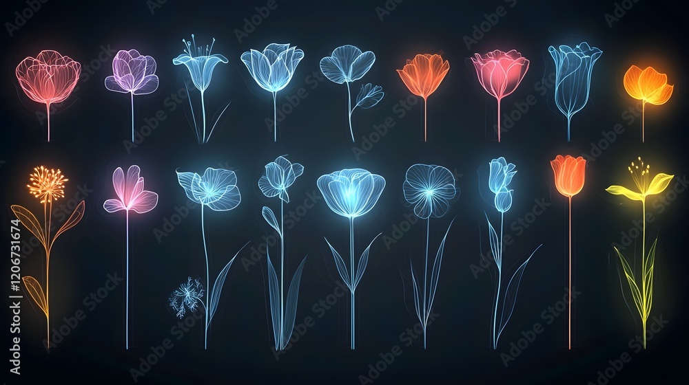 Poster mesmerizing and ethereal floral patterns with soft glowing hues in vibrant colors set against a dark