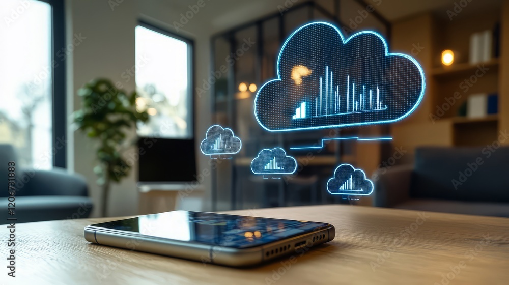 Poster a smartphone with a cloud computing graphic, symbolizing data transfer and innovation.