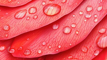 Fototapeta premium Close up Dew Drops on Vibrant Red Flower Petals Macro Photography