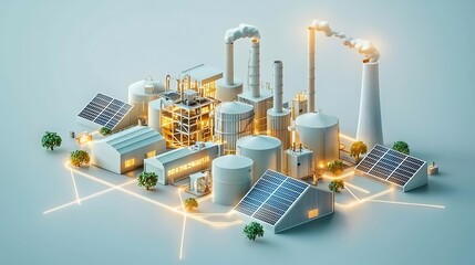 Obraz premium A 3D representation of interconnected plants, factories, and solar panels, glowing softly, with lines of light flowing between them, minimalist design evoking resource efficiency and balance
