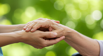介護者と高齢者の手。クローズアップ , 介護士, 手, 介護施設, ヘルスケアと医療｜Caregivers and Elderly Hands. Close Up , Caregivers, Hands, Nursing Homes, Health Care and Medicine.