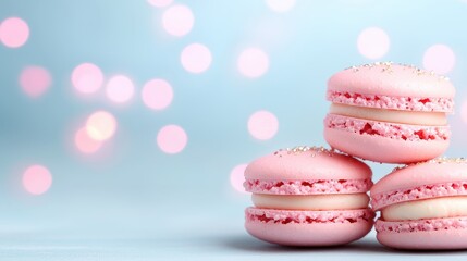 Obraz premium Delicious Pink Macarons with Gold Glitter on a Pastel Blue Background