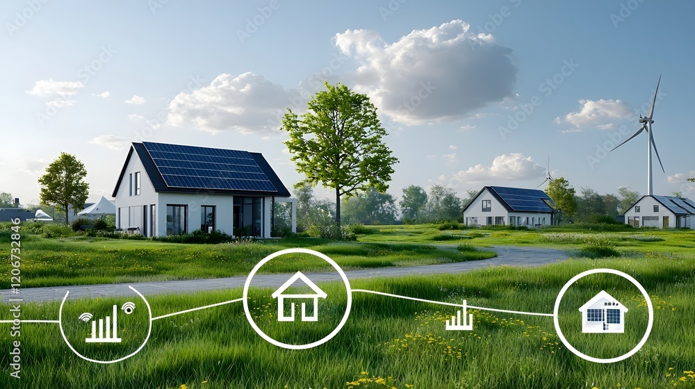 Poster renewable energy grid system with centralized hub powering homes offices and commercial spaces eco f