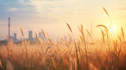 Fototapeta premium A close-up of dew-covered wheat stalks glowing in the warm light of sunrise