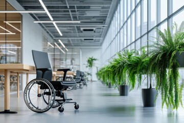 A futuristic office where employees collaborate seamlessly in a high-tech, innovative workspace.