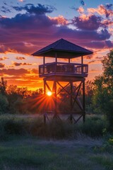 Sunset Over Field With Gazebo