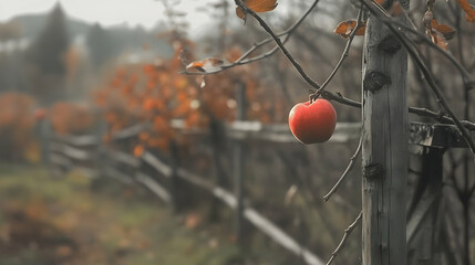 Single red apple on branch, autumn orchard, misty background, harvest season