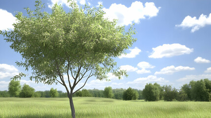 Obraz premium Single tree in a sunny meadow, idyllic landscape, peaceful nature scene, perfect for website backgrounds