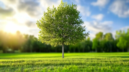 Obraz premium Single tree in sunny meadow, forest background, spring nature scene, environmental conservation