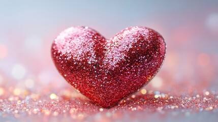 Fototapeta premium Sparkling red heart-shaped decoration surrounded by shimmering glitter on a soft gradient background