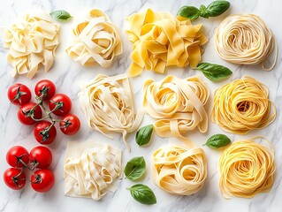 Assorted pasta types with tomatoes and basil.