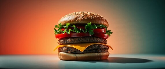 Clasic  hamburger with lettuce, tomato, cheese, sesame bun, ketchup, and mustard. Generative AI