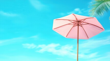 Fototapeta premium Pink Beach Umbrella Under a Vibrant Summer Sky with Palm Fronds