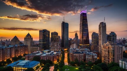 Fototapeta premium Cityscape at Dusk: Towering Buildings and Dramatic Sunset in the City