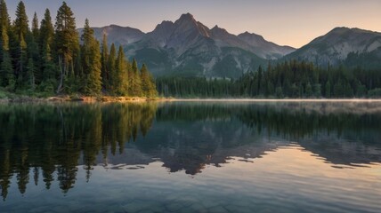 Majestic mountain range reflecting in calm lake with trees during sunrise or sunset