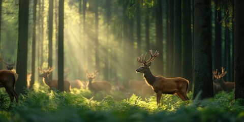 Herd of deer gracefully roaming through a tranquil forest, embodying nature's serene beauty.
