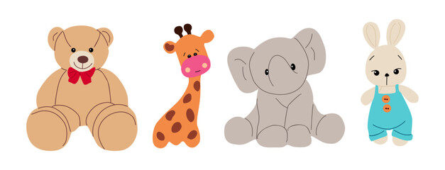 Plush stuffed toys set. Cute soft animals. Fluffy teddy bear, elephant, giraffe, rabbit. Kid childish plushie for playing game. Nursery flat vector illustrations isolated on transparent background