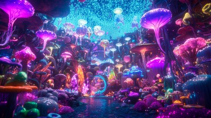 Enchanted Fantasy Landscape with Colorful Mushrooms, Glowing Foliage, and Mystical Waterway Under Bright Stars