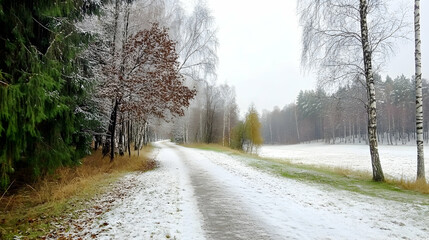 Obraz premium Snowy path through winter forest; tranquil nature scene, ideal for winter travel brochures