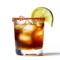 A smoky Mezcal cocktail with chili salt rim and lime wedge, displayed against an isolated white background, hyper-realism art style