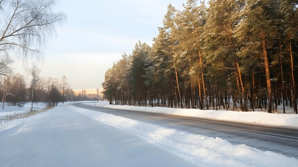 Obraz premium Snowy road through winter pine forest at sunrise, ideal for travel or winter landscapes