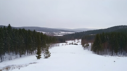Snowy valley winter landscape aerial view; distant hills, pine forest,  winter wonderland travel photography