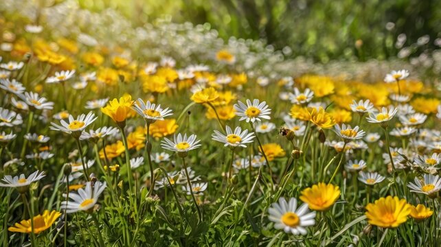 A vibrant field of white and yellow daisy flowers under the bright sunlight