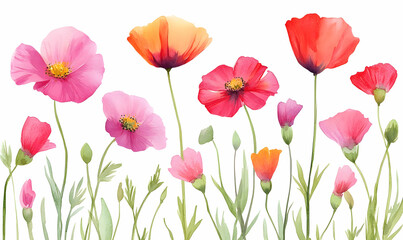 Fototapeta premium Watercolor poppies, floral design, white background, spring, greeting card