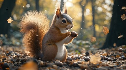 Obraz premium A close-up of a squirrel gathering acorns in the forest, highlighting its dexterity and speed