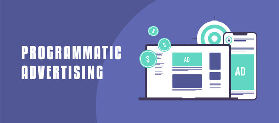 Programmatic advertising banner showing cross-device ads, mobile screens with banners, and digital campaigns. Highlights targeted audiences, effective marketing, and increased brand engagement