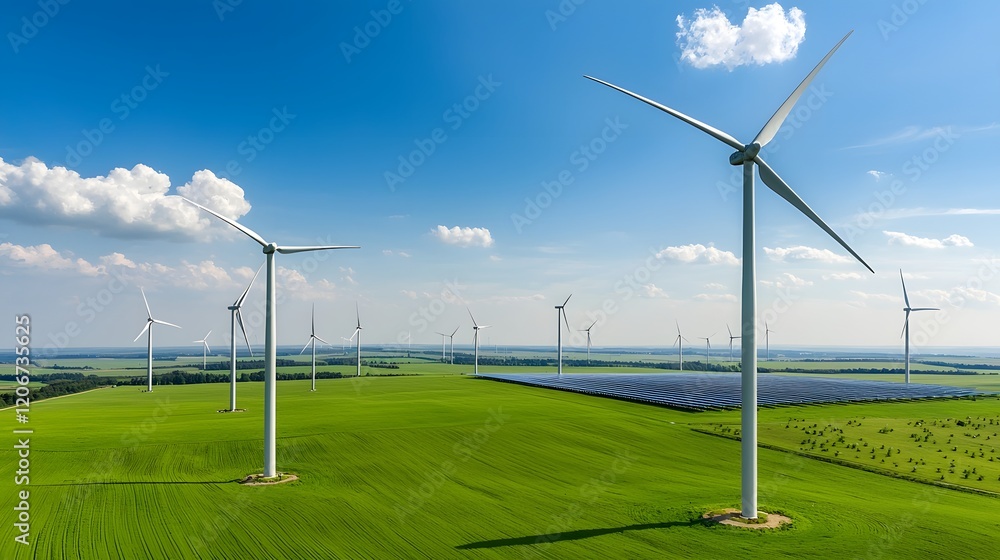 Wall mural Smart Wind Farm Connecting Renewable Energy Hubs to Diverse Power Users in Sustainable Landscape  Advanced electrical grid and energy network infrastructure powering communities with clean