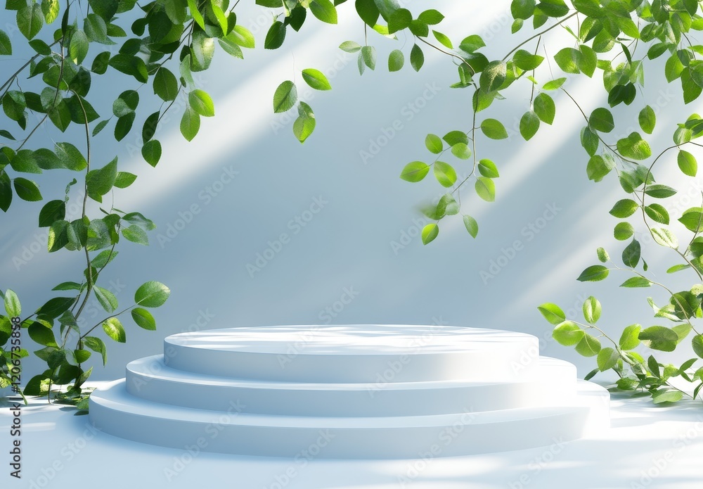 Canvas Prints white tiered display platform with green foliage and sunlight.